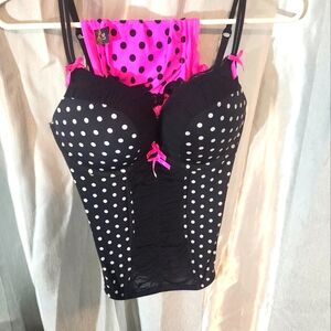 Black and pink polka dot boustier garter set